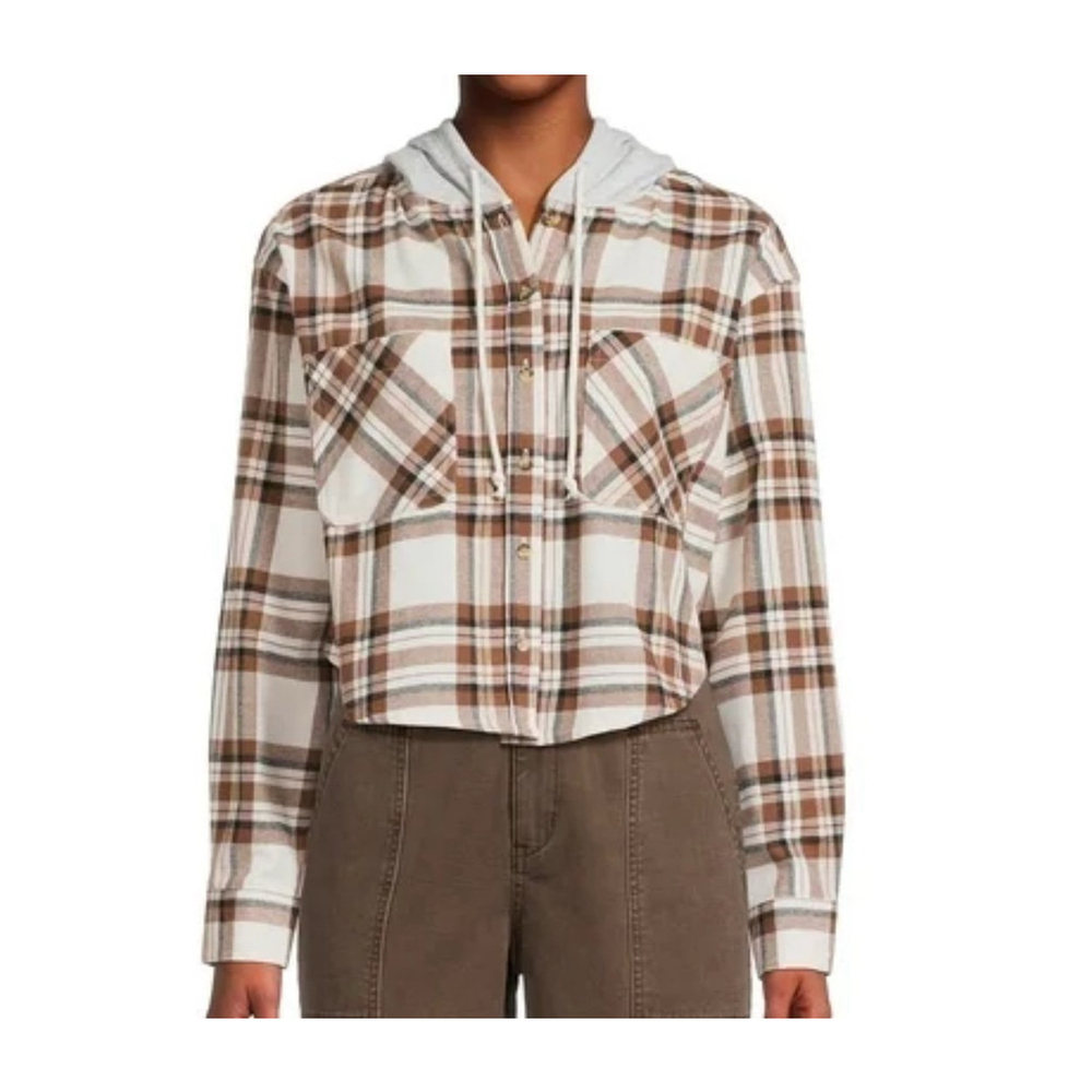 No Boundaries Women's Full Sleeve Hooded Flannel Cropped Top